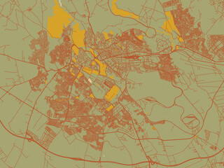 Stylized minimalist map of Meknes, Morocco in muted sage base, rust-colored roads, and soft ochre highlights.