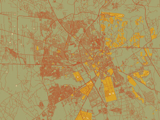 Decorative flat city map of Marrakesh, Morocco using olive backdrop with warm rust street network and ochre blocks.