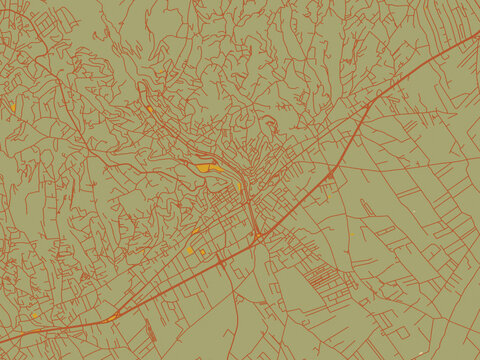 Vector-style flat map of Zahle, Lebanon with sage green ground with rust-red roads and ochre accents.