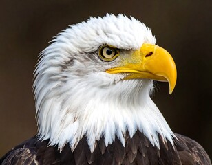 Obraz premium Close-up of a majestic bald eagle's head, showcasing its white plumage, intense yellow eyes, and powerful beak