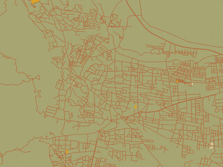 Abstract flat-design map of Jericho, Palestine, State of, featuring olive backdrop with warm rust street network and ochre blocks.