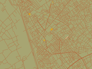 Flat painterly map of Rafah, Palestine, State of in earthy sage background with rust roadways and ochre details.
