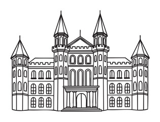 Fototapeta premium Black outline drawing of a grand medieval castle with multiple towers and arched windows, featuring symmetrical architecture and detailed spires.