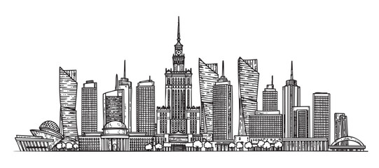 Black outline vector drawing of a modern city skyline with various skyscrapers and buildings featuring distinct architectural styles.