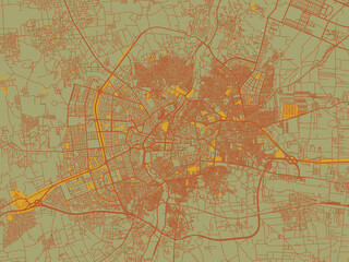 Decorative flat city map of Aleppo, Syrian Arab Republic using earthy sage background with rust roadways and ochre details.
