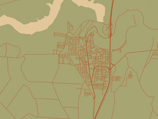 Decorative flat city map of Ar Rastan, Syrian Arab Republic using muted sage base, rust-colored roads, and soft ochre highlights.