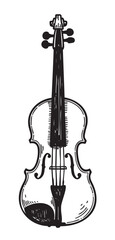 Naklejka premium Black and white sketch of a classical violin with detailed strings and body, featuring f-holes and tuning pegs.