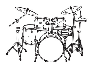 Black outline illustration of a full drum set with cymbals, including a bass drum, snare, and toms,.