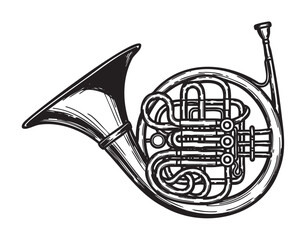 Black outline of a detailed french horn, showcasing the intricate curves and valves in a classic musical instrument design.