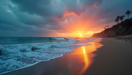 Melancholy Sunset Waves Crashing on a Lonely Beach, Evoking Peaceful Solitude and Sadness. A moody horizon scene with wet sand and overcast skies.