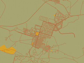 Minimalist flat city map of Palmyra, Syrian Arab Republic with olive backdrop with warm rust street network and ochre blocks.