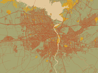 Modern flat map poster of Adana, Türkiye in sage/olive tone field with rust networks and ochre shapes, cream water.