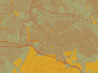 Fototapeta premium Minimalist flat city map of Arnavutkoey, Türkiye with muted sage base, rust-colored roads, and soft ochre highlights.