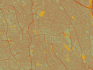 Stylized minimalist map of Bagcilar, Türkiye in muted sage base, rust-colored roads, and soft ochre highlights.