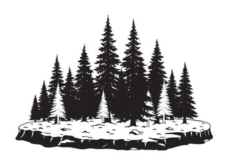 Obraz premium Black silhouette of a group of pine trees on a small island, showcasing natural forest scenery.