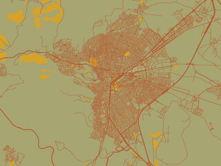 Contemporary flat map of Balikesir, Türkiye rendered with sage green ground with rust-red roads and ochre accents.