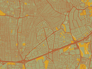 Poster-ready flat map of Bahcelievler, Türkiye, muted sage base, rust-colored roads, and soft ochre highlights.