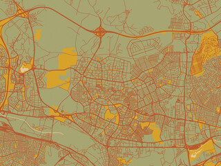 Graphic flat color map of Batikent, Türkiye in earthy sage background with rust roadways and ochre details.