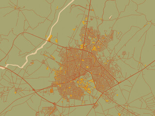 Abstract flat-design map of Batman, T&uuml;rkiye, featuring earthy sage background with rust roadways and ochre details.