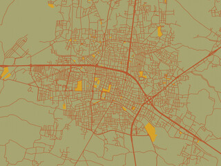 Flat painterly map of Duezce, Türkiye in muted sage base, rust-colored roads, and soft ochre highlights.