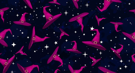 Obraz premium Magical Halloween Wallpaper with Whimsical Pink Witch Hats Scattered Across a Starry Night Sky