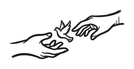 Obraz premium Black outline illustration showing two hands reaching towards each other, one releasing a small bird, symbolizing freedom and peace.