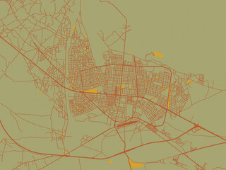 Vector-style flat map of Erzincan, Türkiye with sage green ground with rust-red roads and ochre accents.