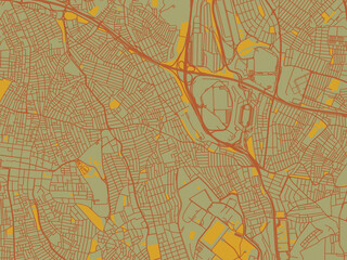 Minimalist flat city map of Esenler, Türkiye with muted sage base, rust-colored roads, and soft ochre highlights.