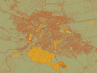 Minimalist flat city map of Eskisehir, Türkiye with earthy sage background with rust roadways and ochre details.