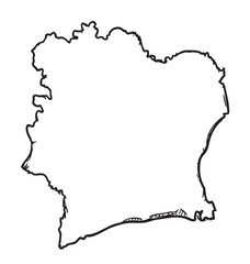 Black outline vector drawing of the ivory coast's geographical map shape with minimal artistic detail on a plain background.