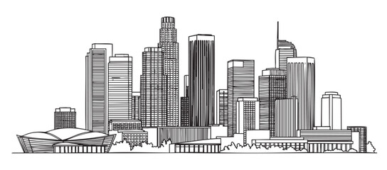 Fototapeta premium Detailed black outline of a modern city skyline featuring a variety of tall skyscrapers with unique architectural designs.