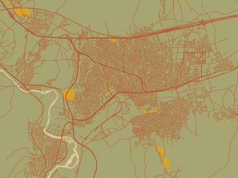 Contemporary flat map of Kirikkale, T&uuml;rkiye rendered with olive backdrop with warm rust street network and ochre blocks.