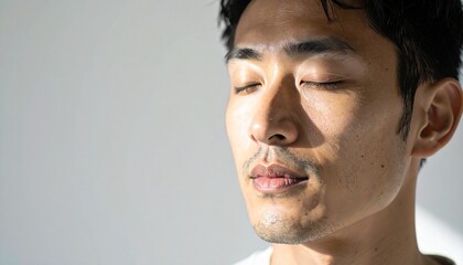 Close up of Asian man with peaceful eyes, embracing inner calm and wellness through meditation and mindfulness practice