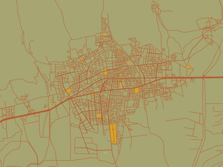 Poster-ready flat map of Nazilli, Türkiye, earthy sage background with rust roadways and ochre details.