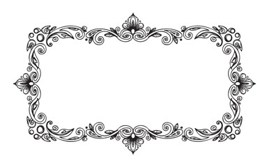 Fototapeta premium Ornate rectangular floral frame with intricate black swirl patterns and decorative flourishes on each corner.