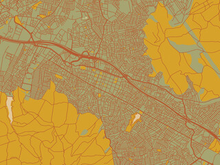 Abstract flat-design map of Sultanbeyli, Türkiye, featuring earthy sage background with rust roadways and ochre details.