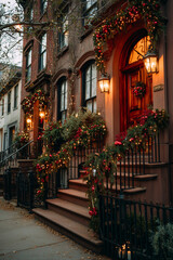 Fototapeta premium Christmas Decorated House with Historic Brownstone Facade, Garland Covered Railings and Classic Urban Holiday Charm in the City