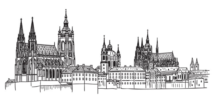 Black and white sketch of a historic european cityscape featuring grand cathedrals and classic architecture.