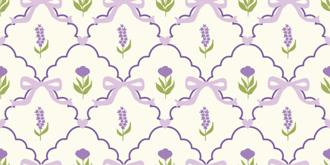 Coquette Floral trellis seamless pattern with bows and ribbons. Preppy spring summer hand drawn flowers. Botanical elegant trendy print. Vintage design for fabric, wallpaper, decor, background, paper