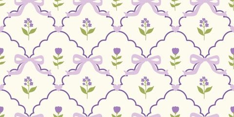Coquette Floral trellis seamless pattern with bows and ribbons. Preppy spring summer hand drawn flowers. Botanical elegant trendy print. Vintage design for fabric, wallpaper, decor, background, paper
