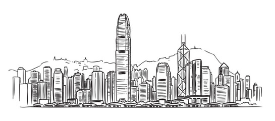 Naklejka premium Black outline vector drawing of a city skyline featuring various tall skyscrapers set against a mountainous backdrop.
