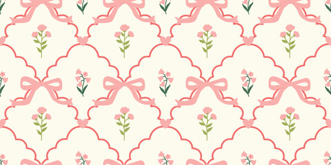 Coquette Floral trellis seamless pattern with bows and ribbons. Preppy spring summer hand drawn flowers. Botanical elegant trendy print. Vintage design for fabric, wallpaper, decor, background, paper