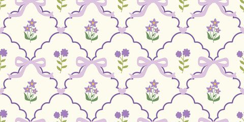 Coquette Floral trellis seamless pattern with bows and ribbons. Preppy spring summer hand drawn flowers. Botanical elegant trendy print. Vintage design for fabric, wallpaper, decor, background, paper