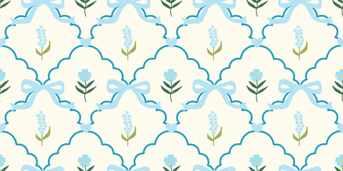 Coquette Floral trellis seamless pattern with bows and ribbons. Preppy spring summer hand drawn flowers. Botanical elegant trendy print. Vintage design for fabric, wallpaper, decor, background, paper