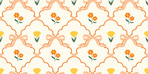 Coquette Floral trellis seamless pattern with bows and ribbons. Preppy spring summer hand drawn flowers. Botanical elegant trendy print. Vintage design for fabric, wallpaper, decor, background, paper