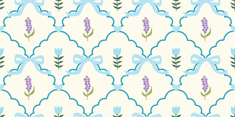 Coquette Floral trellis seamless pattern with bows and ribbons. Preppy spring summer hand drawn flowers. Botanical elegant trendy print. Vintage design for fabric, wallpaper, decor, background, paper