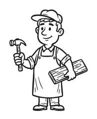 Black and white cartoon of a male carpenter holding a hammer and a wooden plank, wearing a cap and apron.