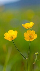 Obraz premium Vibrant Yellow Buttercups Blooming in a Green Meadow.