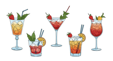 A collection of colorful alcoholic and non alcoholic drinks garnished with fruit and mint leaves.