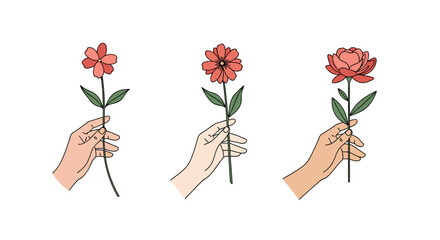 Three hands delicately hold a single flower each in a simple line drawing illustration.